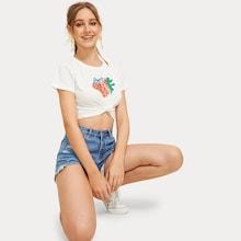Romwe Strawberry And Letter Print Tee