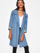 Romwe Front Patch Pockets Longline Denim Coat