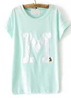 Romwe M Mickey Embroidered Green T-shirt