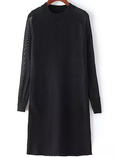Romwe Crew Neck Split Side Black Sweater Dress