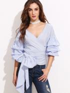 Romwe Pinstripe Exaggerated Sleeve Blouse With Bow Tie