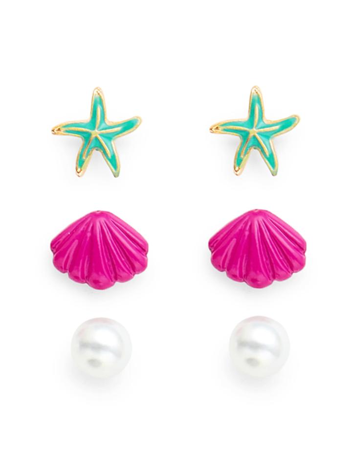 Romwe Starfish And Scallop Design Stud Earring Set
