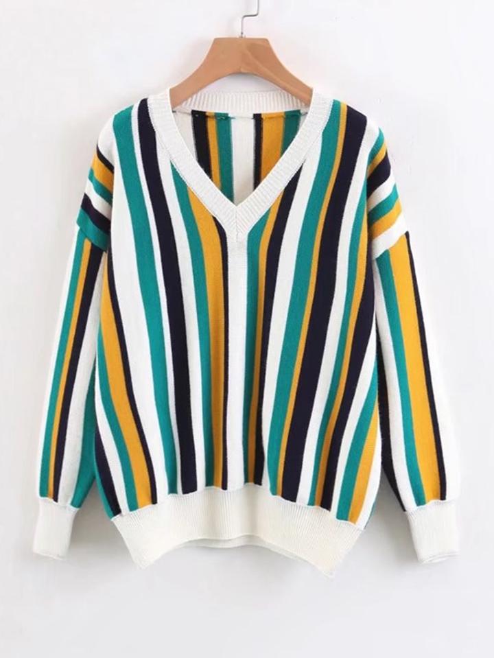 Romwe Block Striped V Neck Sweater