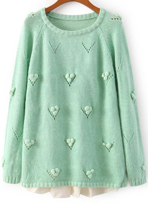 Romwe Twisted Ball Embellished Green Sweater