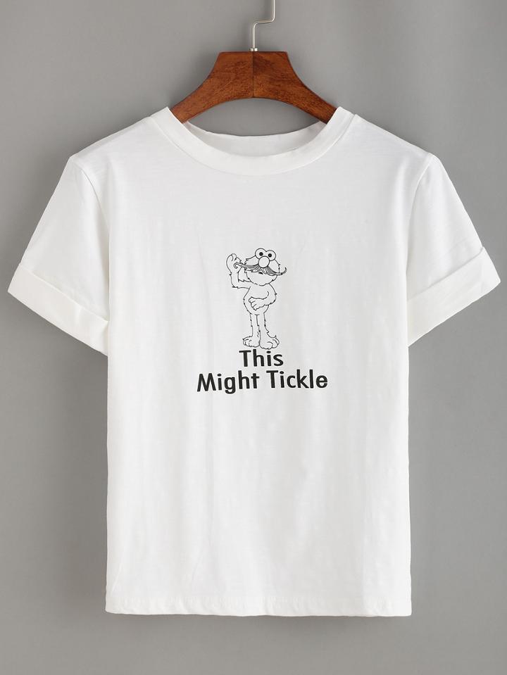 Romwe Cartoon Print Rolled Sleeve T-shirt - White