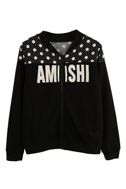 Romwe Polka Dots And Letters Print Black Jacket