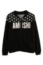 Romwe Polka Dots And Letters Print Black Jacket