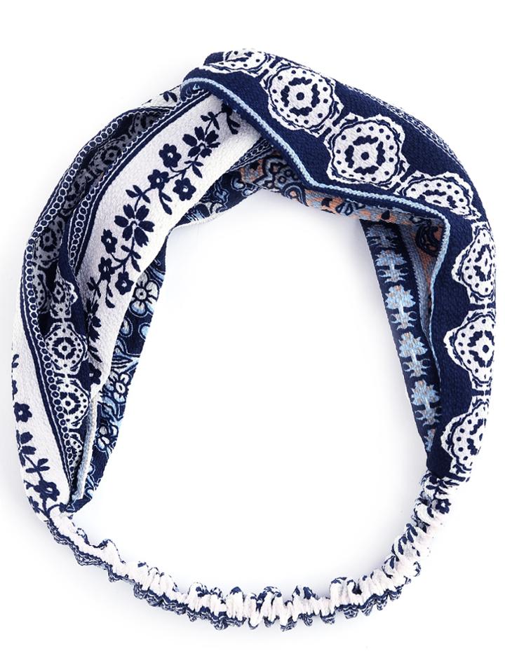 Romwe Navy Contrast Tribal Print Headband