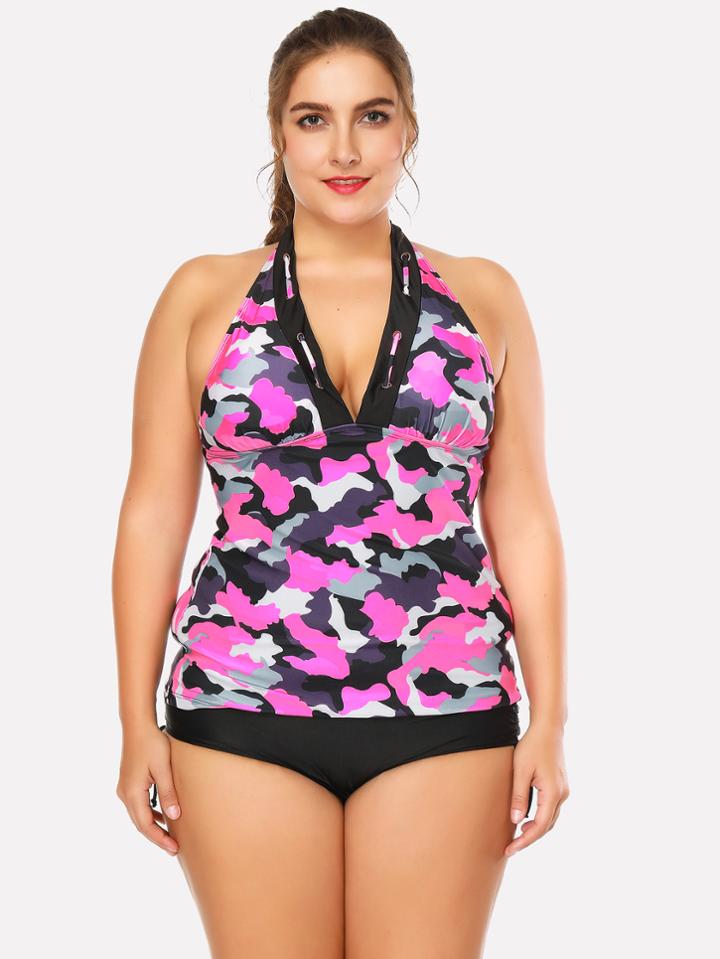Romwe Colorblock V Plunge Tankini Set