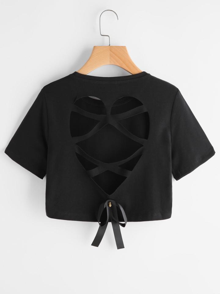 Romwe Laser Cut Heart Bow Back Crop Tshirt