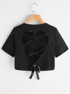 Romwe Laser Cut Heart Bow Back Crop Tshirt