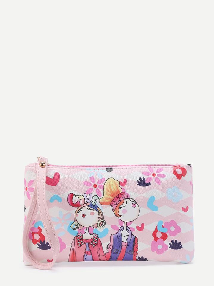 Romwe Cartoon Print Pu Wristlet Clutch Bag