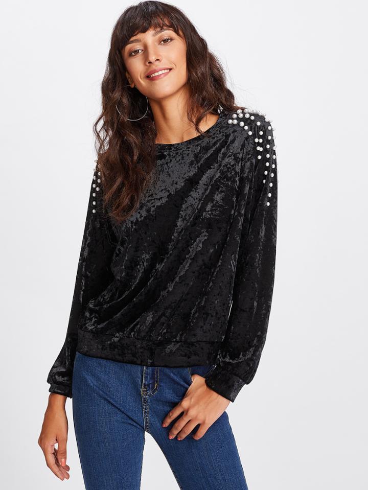 Romwe Pearl Beading Raglan Sleeve Crushed Velvet Pullover