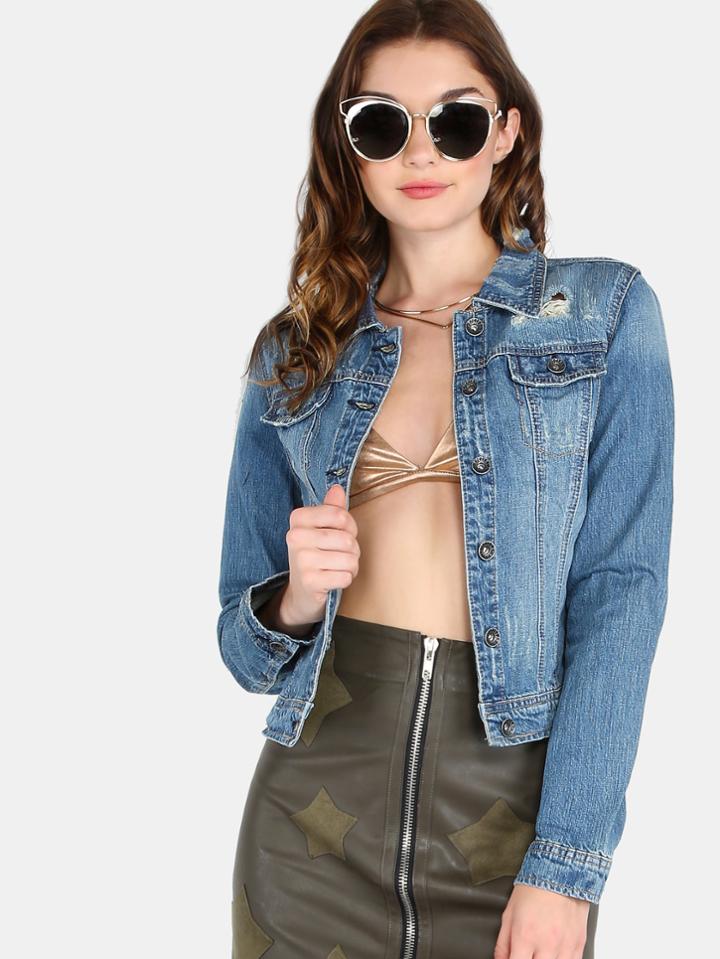 Romwe Distresed Cropped Denim Jacket Denim