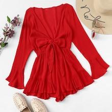 Romwe Solid Tie Front Ruffle Hem Romper