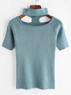 Romwe Indigo Blue Halter Neck Knitted T-shirt