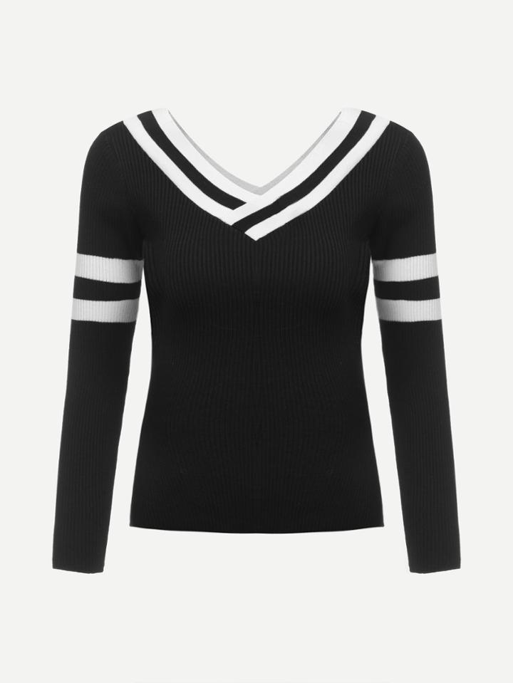 Romwe V Neckline Varsity Striped Knit Jumper