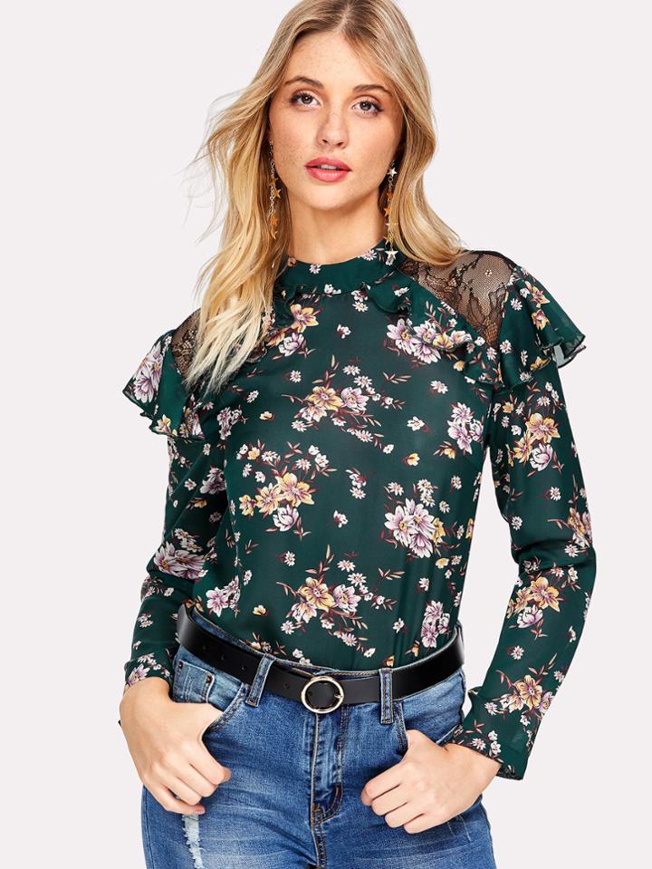 Romwe Lace Insert Ruffle Yoke Calico Top