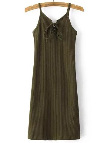Romwe Army Green Spaghetti Strap Lace Up Dress