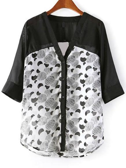 Romwe V Neck Print Chiffon Blouse