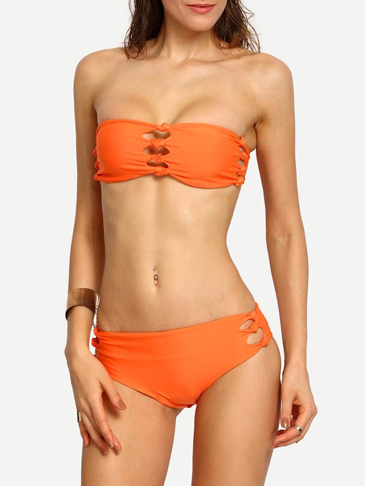 Romwe Knotted Ladder-cutout Bandeau Bikini Set
