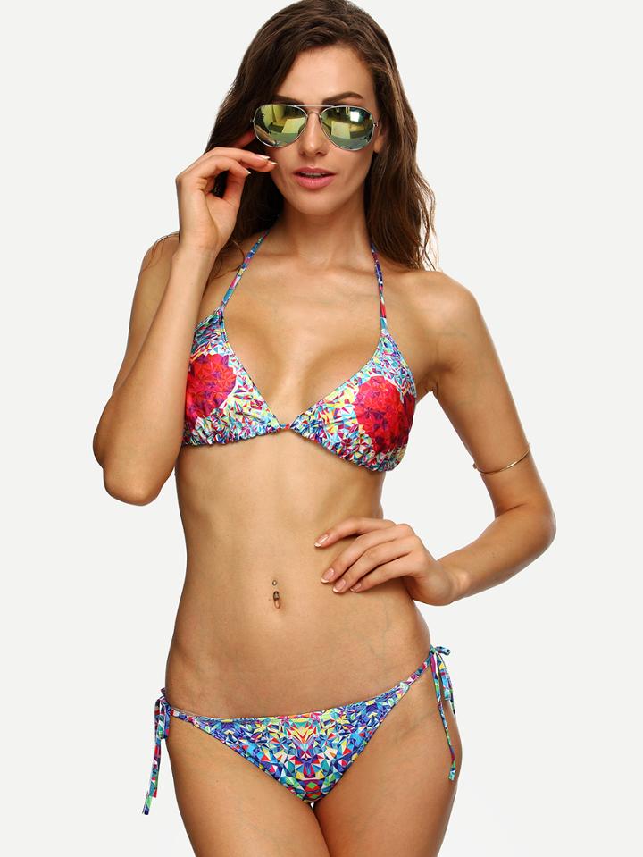 Romwe Multicolor Heart Print Triangle Bikini Set