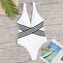 Romwe Striped Criss Cross Low Back One Piece Swimsuit