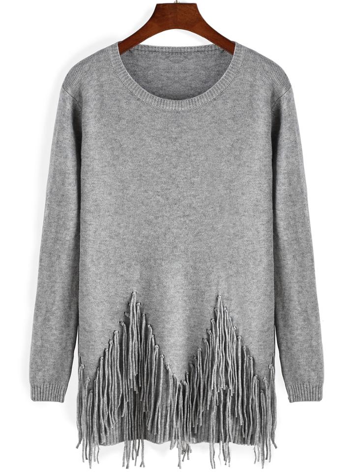 Romwe Long Sleeve Fringe Grey Sweater