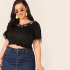 Romwe Plus Colorful Tassel Trim Tie Back Top