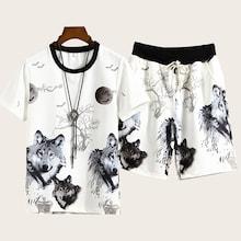 Romwe Guys Wolf Print Tee & Drawstring Shorts