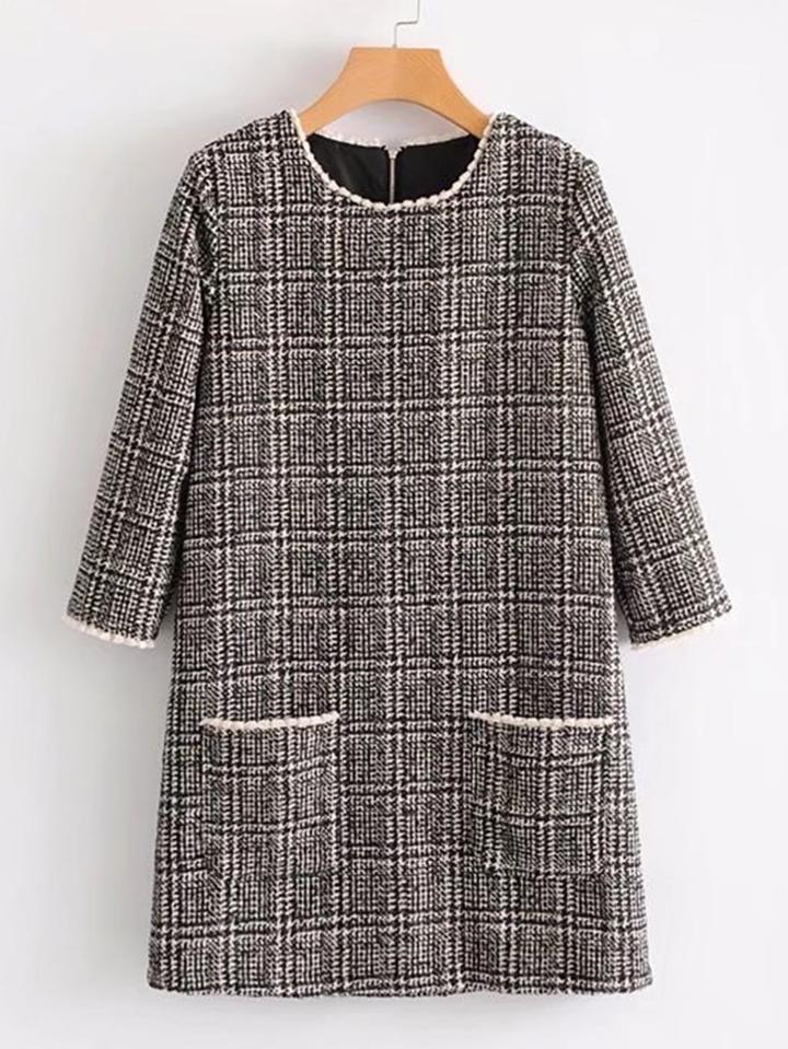 Romwe Contrast Trim Plaid Tweed Dress