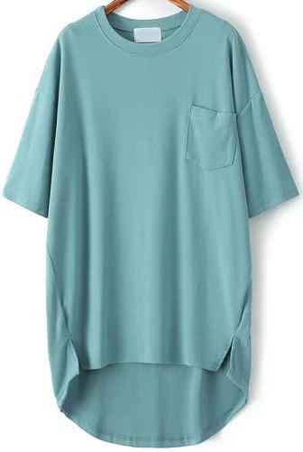 Romwe Blue Pocket Split Dip Hem T-shirt