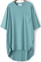 Romwe Blue Pocket Split Dip Hem T-shirt
