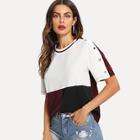 Romwe Buttoned Sleeve Cut-and-sew Tee
