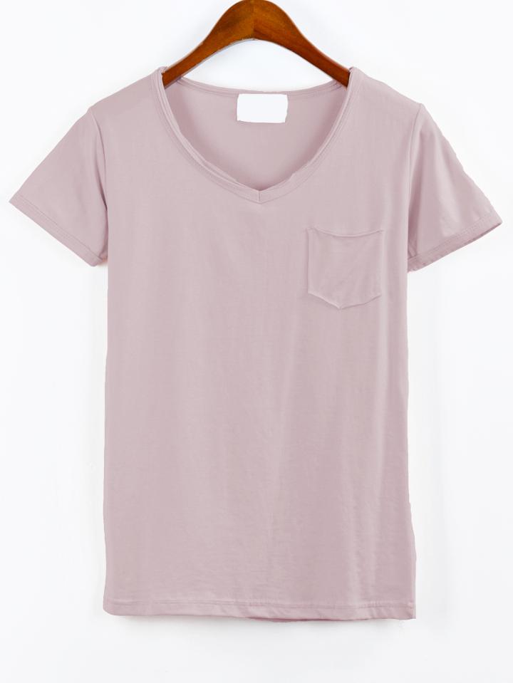 Romwe Plain V-neck Pocket T-shirt - Pink