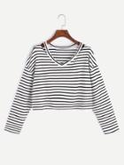 Romwe Black White Striped Cut Out Neck T-shirt