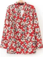 Romwe Red Long Sleeve Floral Loose Blouse