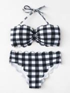 Romwe Scalloped Trim Gingham Bikini Set