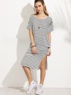Romwe White Striped Side Slit Dress