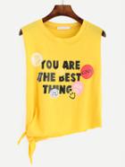 Romwe Yellow Letter Print Knotted Tank Top