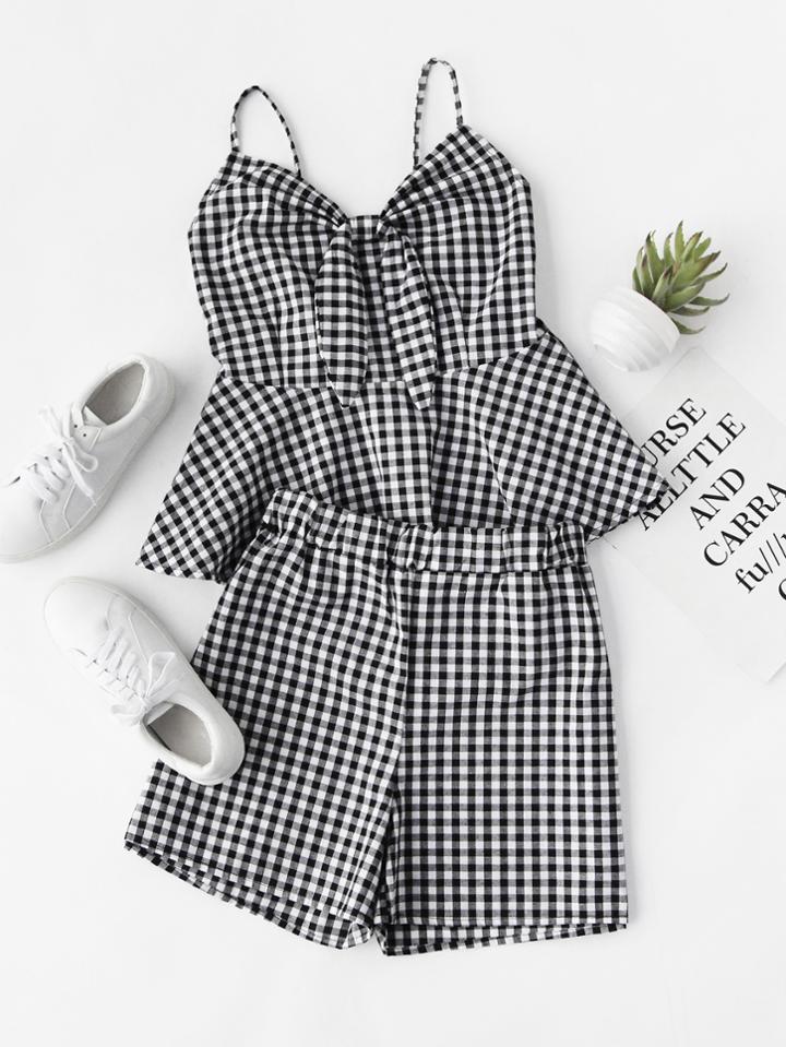 Romwe Knot Front Checked Smock Cami Top With Shorts