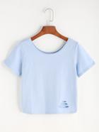 Romwe Blue Ripped Crop T-shirt