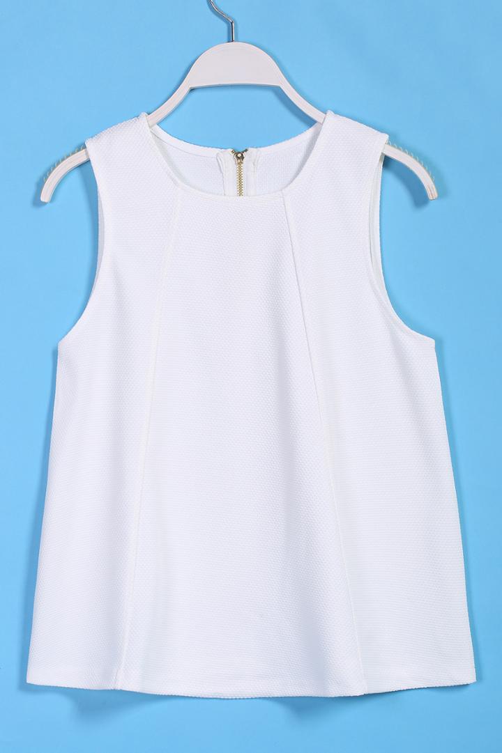 Romwe Sleeveless Zipper White Tank Top