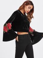 Romwe Bell Sleeve Rose Embroidered Applique Velvet Top
