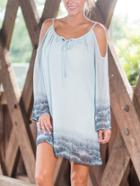 Romwe Blue Printed Tie Neck Cold Shoulder Chiffon Dress