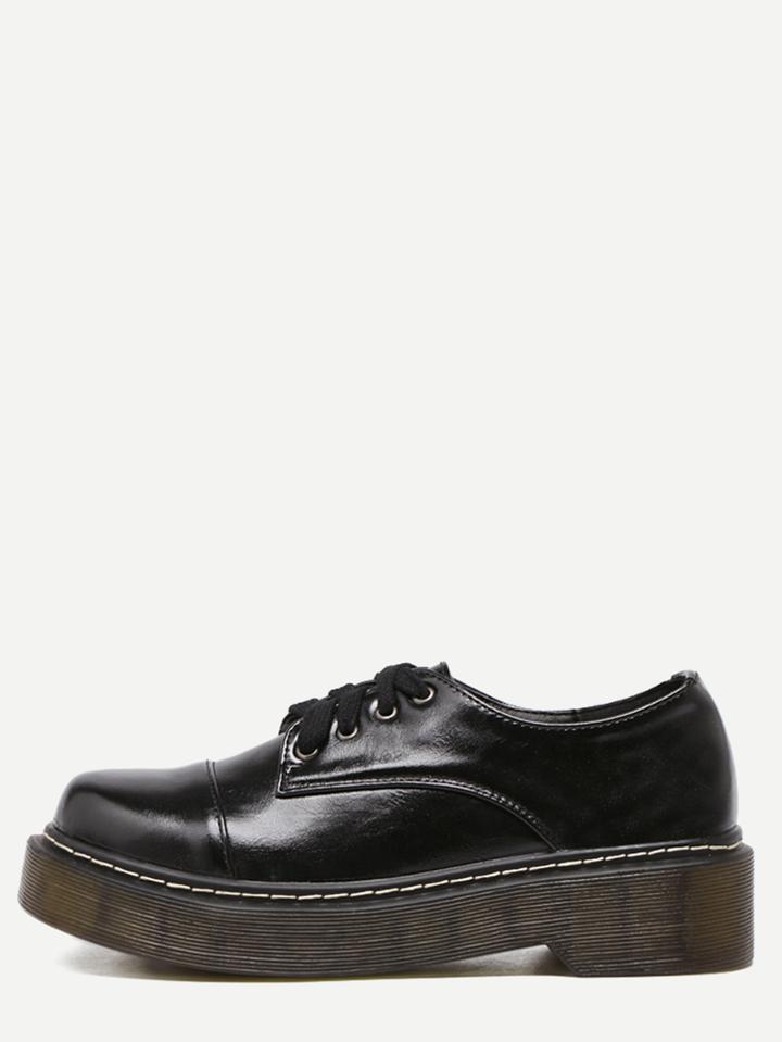 Romwe Black Pu Square Toe Lace Up Low Top Shoes