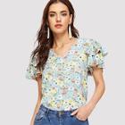 Romwe V-neck Layered Flutter Sleeve Floral Top