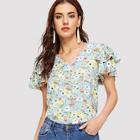 Romwe V-neck Layered Flutter Sleeve Floral Top