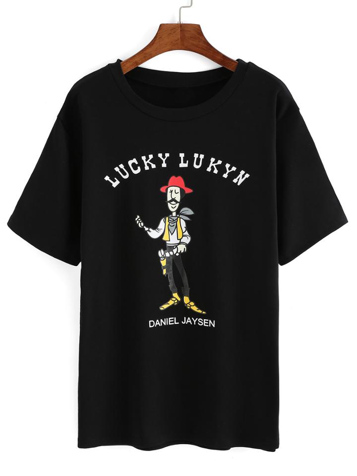 Romwe Cowboy Print Black T-shirt