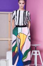 Romwe Vertical Stripe Top With Floral Skirt